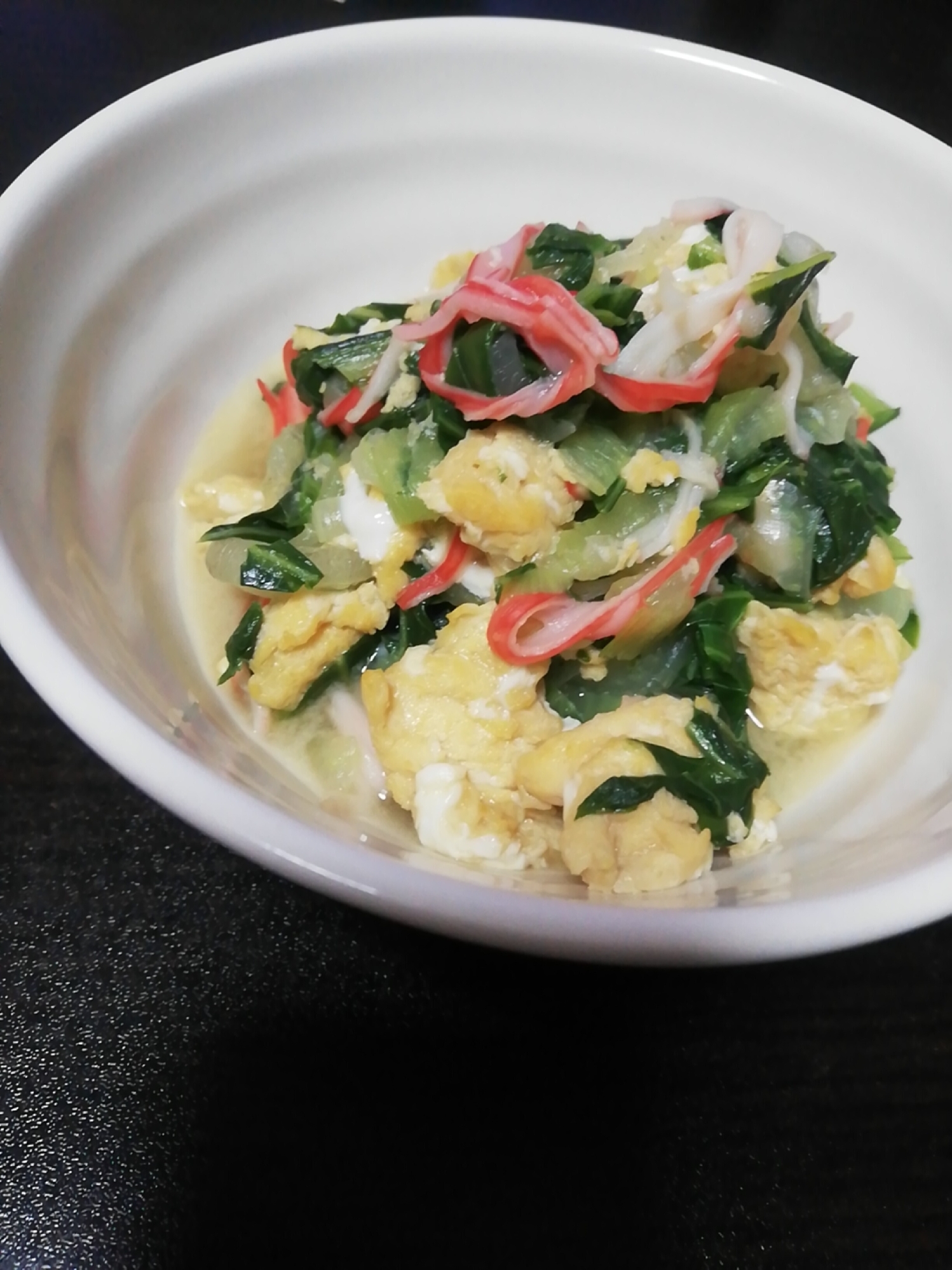 たまごふわふわ!チンゲン菜とカニカマ炒め