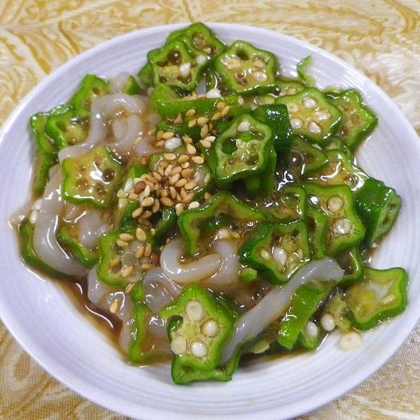 オクライカのゴマ酢醤油あえ