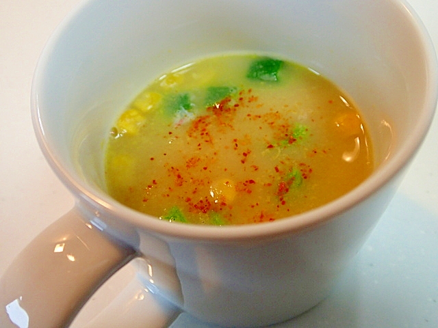 カップスープで　オクラ入りごぼう茶コーンスープ