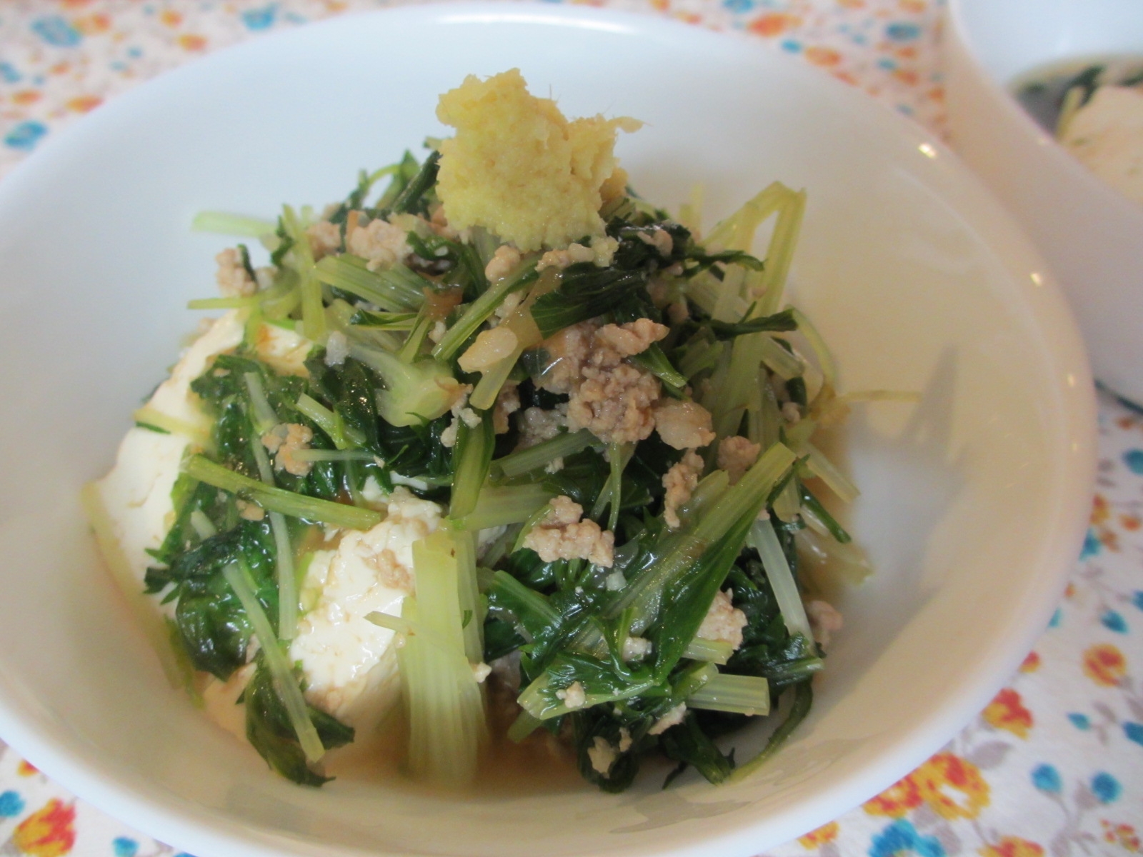 〔お手伝いレシピ〕水菜と豆腐のそぼろ煮浸し