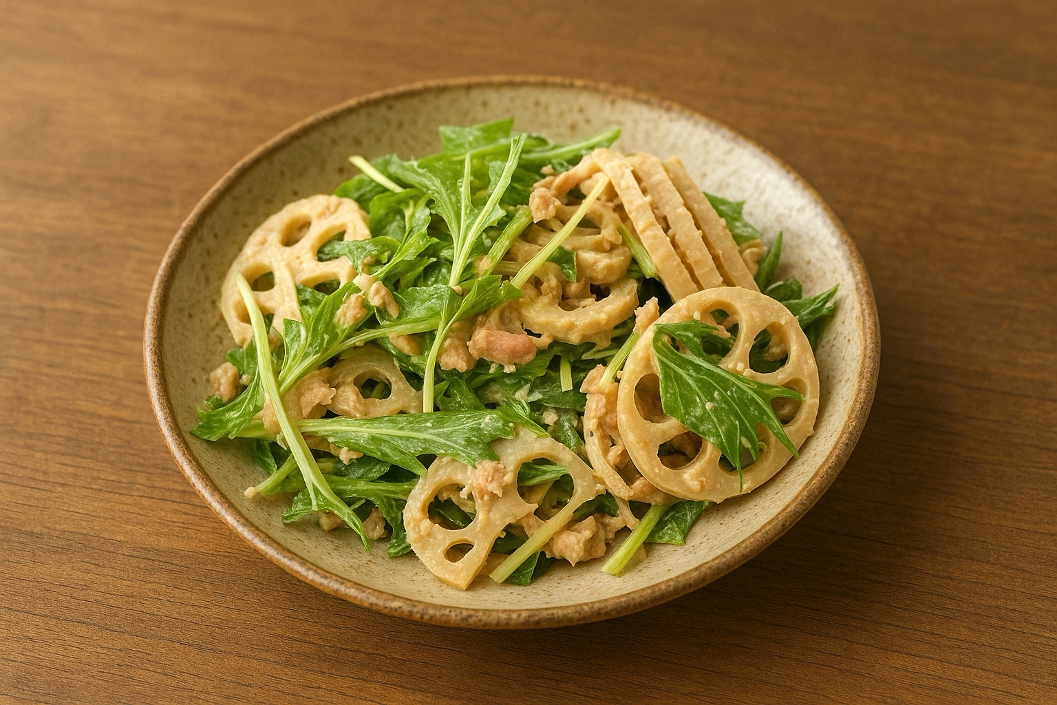 シャキシャキ！簡単デリ風　蓮根と水菜のツナサラダ