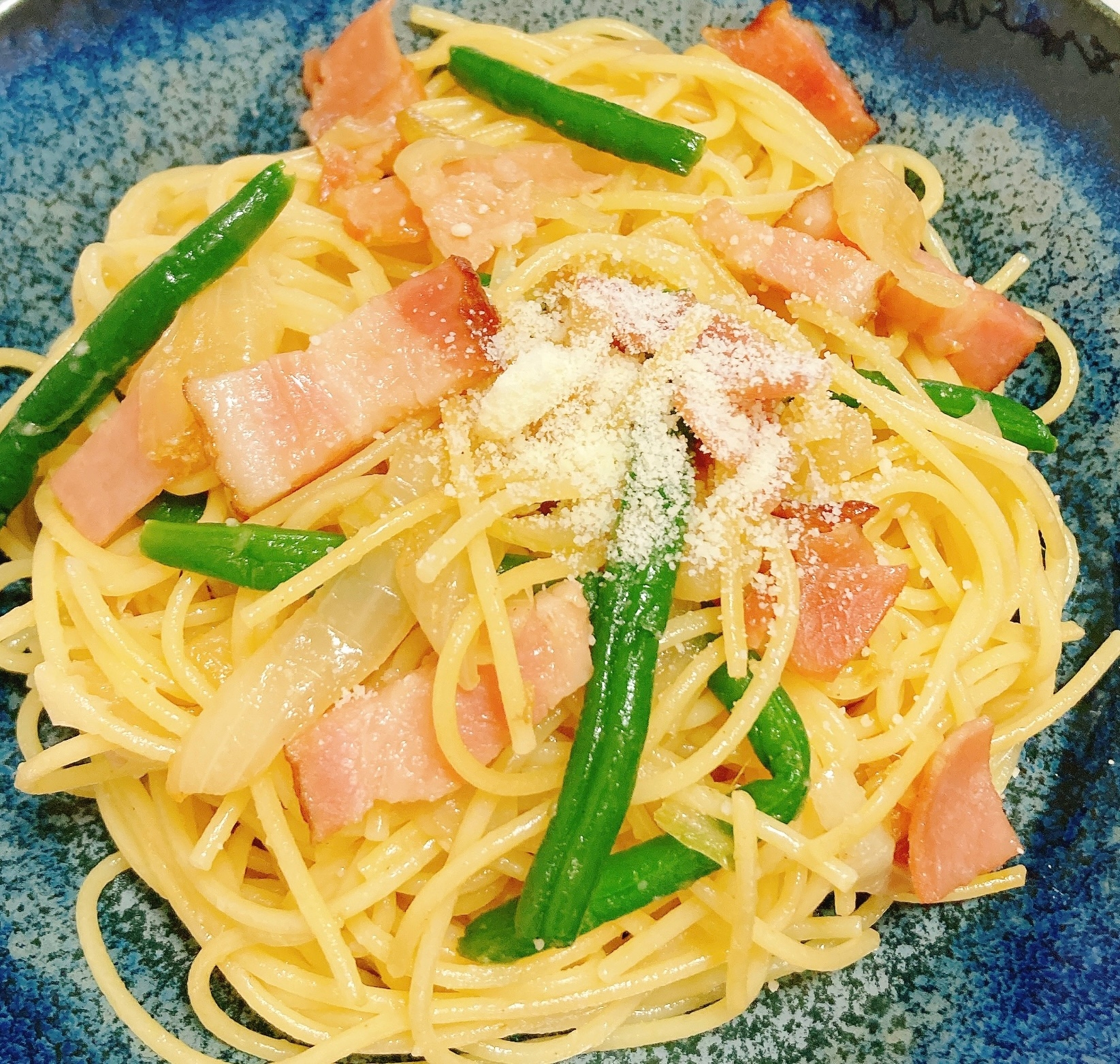 【ベーコンとインゲンの和風パスタ】