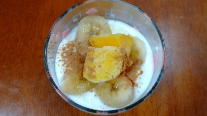 おやつにいただきました♪冷凍バナナとオレンジで作りました。ひんやり甘くて美味しかったです(*^▽^*)