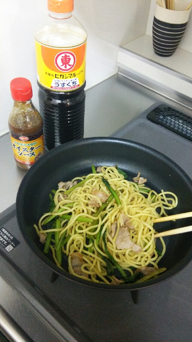 小松菜と豚の塩焼きそば