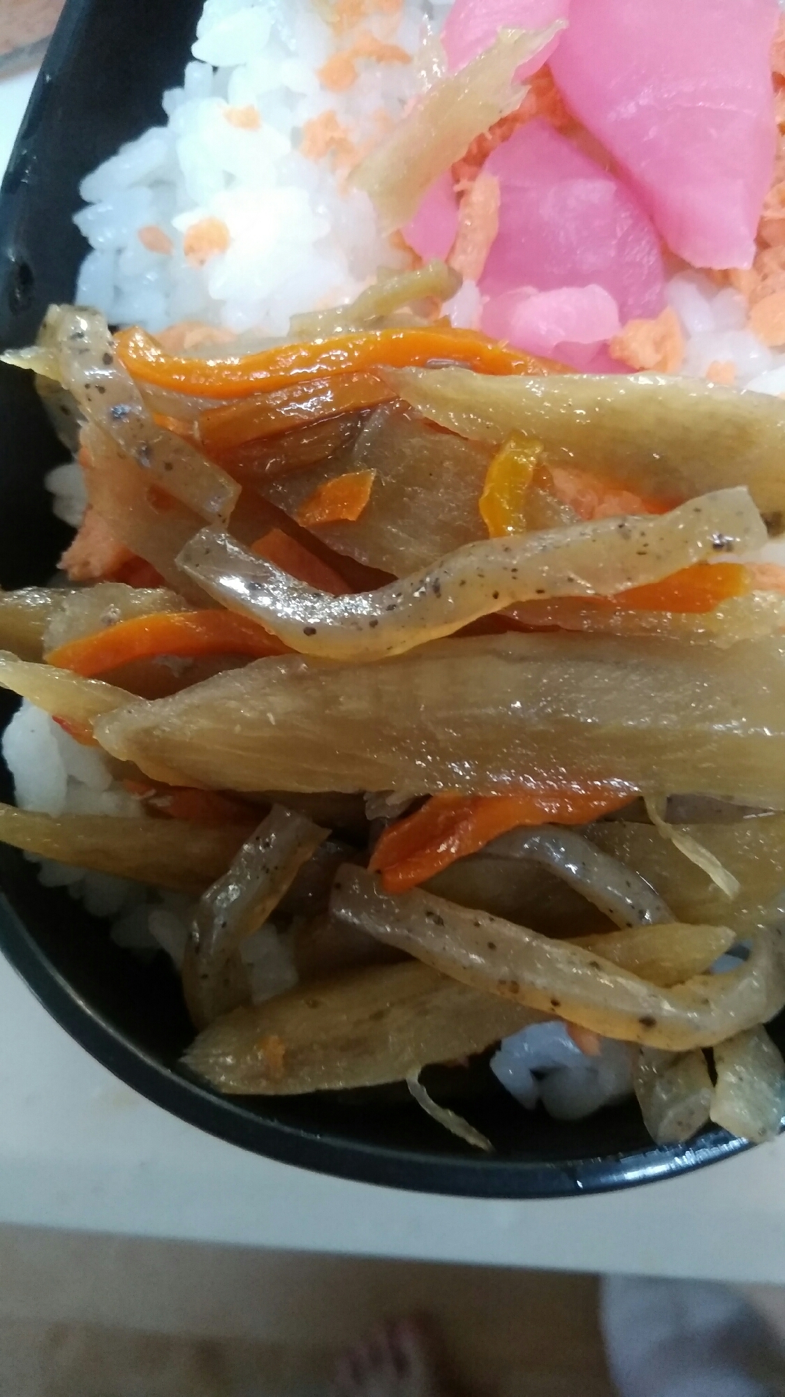 ご飯の上にきんぴらごぼう