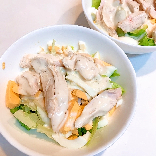 しっとり鶏胸肉で レタスとゆで卵の美味しいサラダ レシピ 作り方 By えだ豆カシューナッツ 楽天レシピ