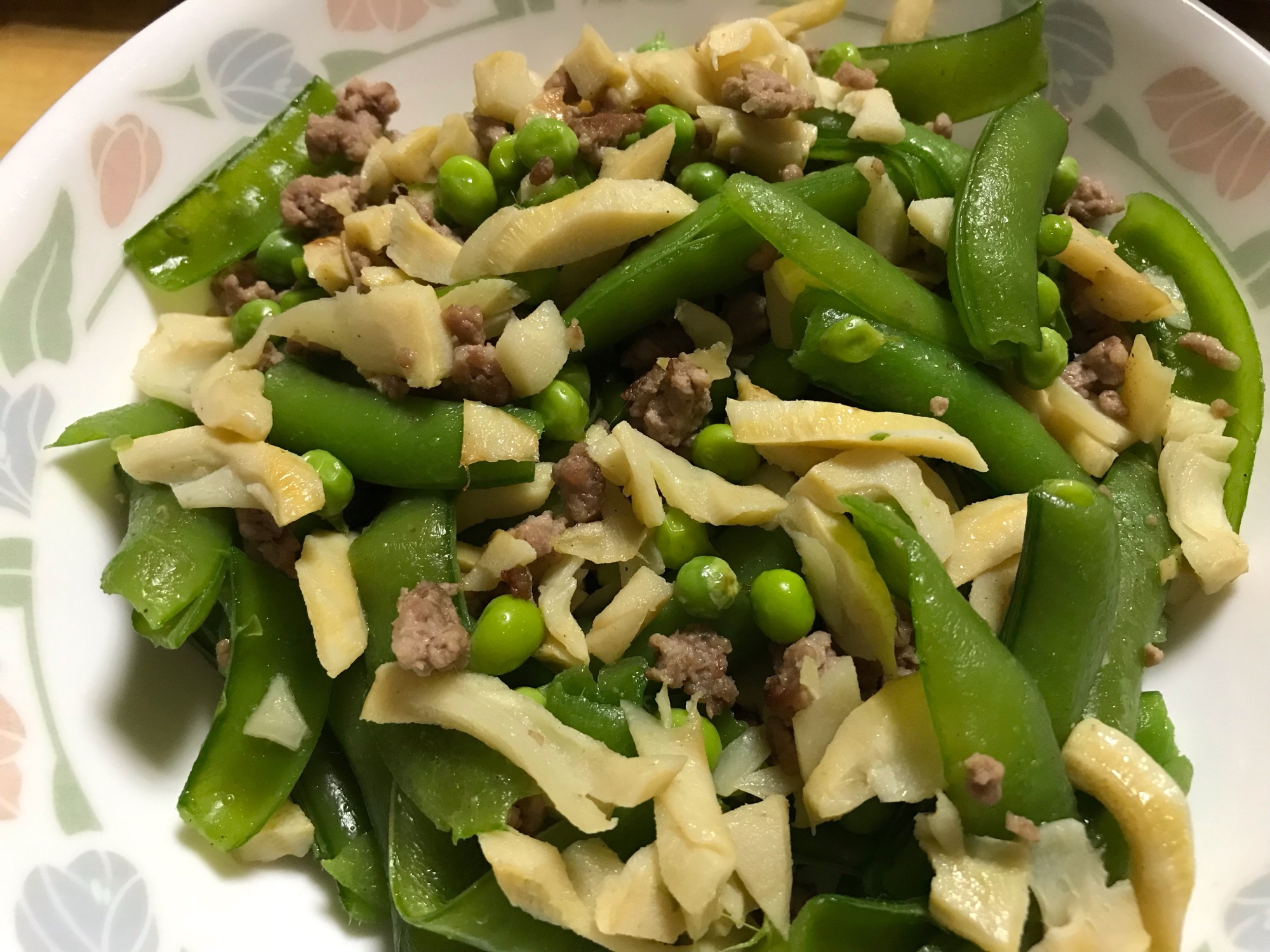筍とスナップエンドウの豚ひき肉オイスター炒め✨️