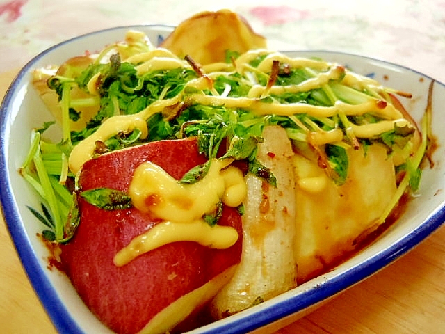 焼き肉風味❤薩摩芋と長葱と豆苗のトースター焼き❤