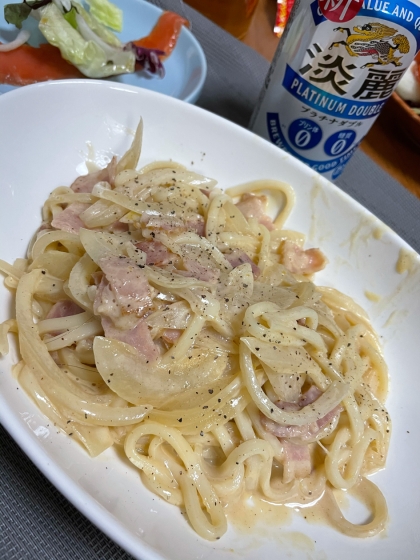 パスタみたいに茹でなくてよいしうどんもすごくおいしかったです。
私は細うどんでつくりました