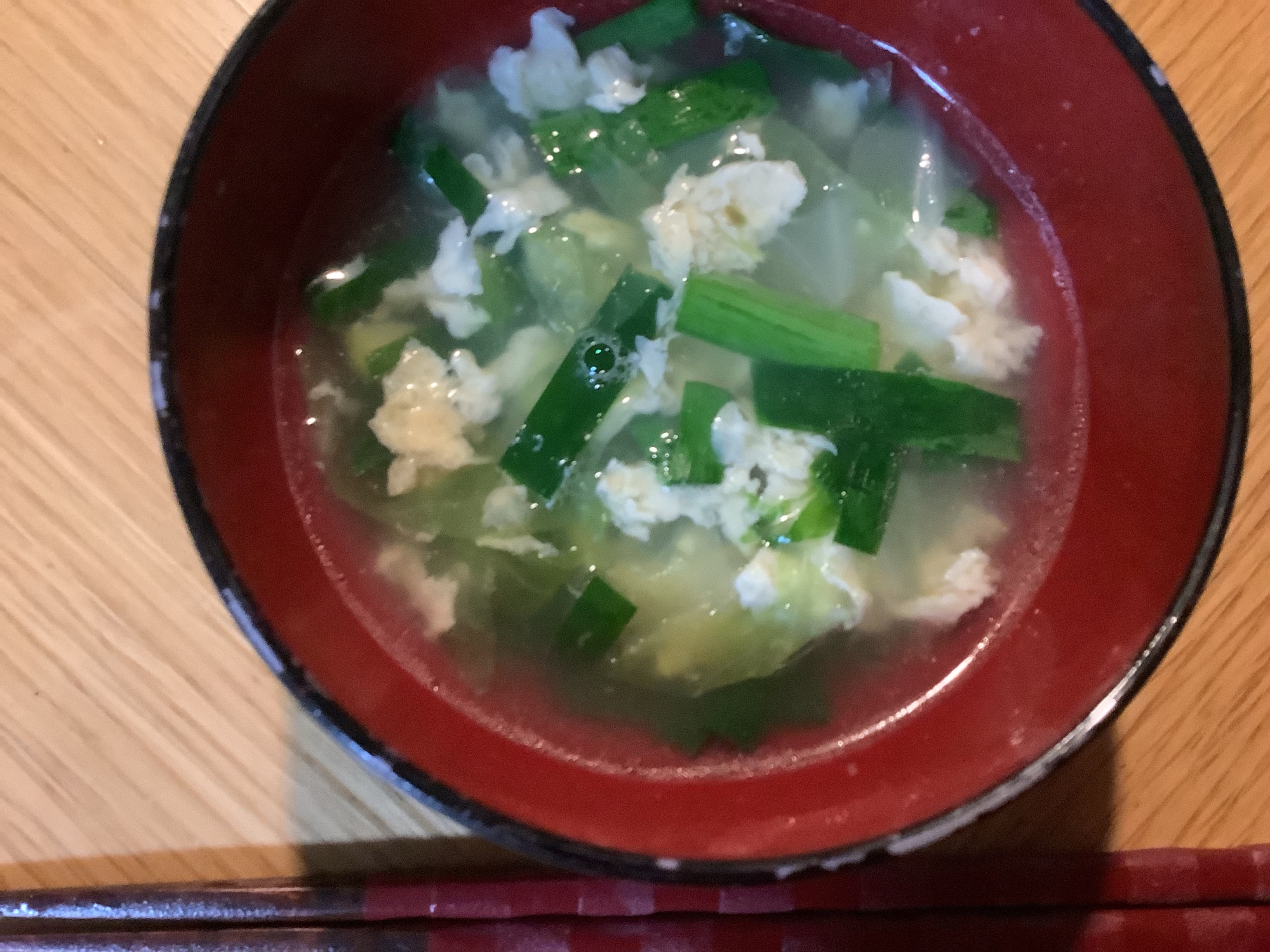 給食アレンジ☆ニラ卵キャベツの中華スープ