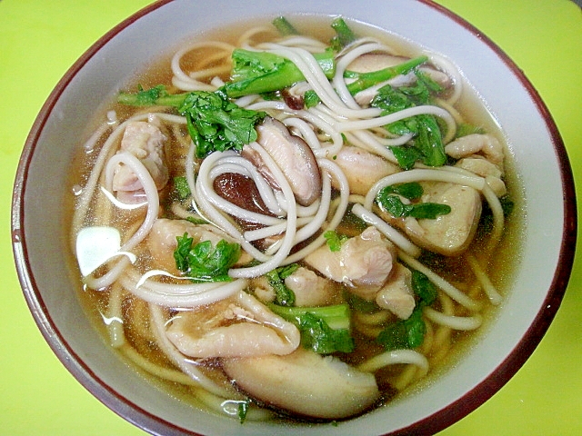 春菊と椎茸鶏肉のあったかうどん