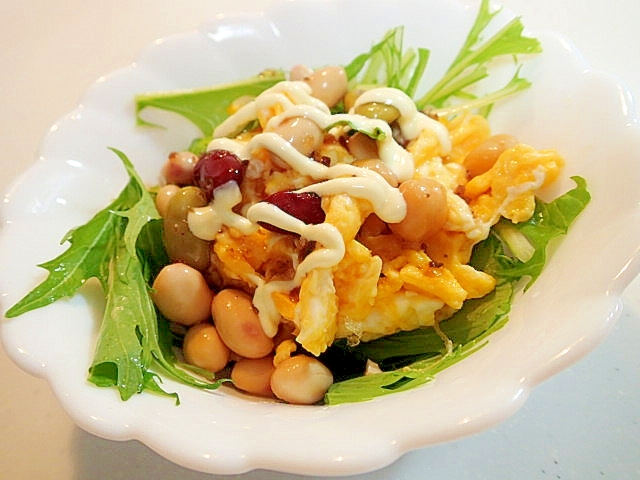水菜と炒め卵とサラダ豆のサラダ