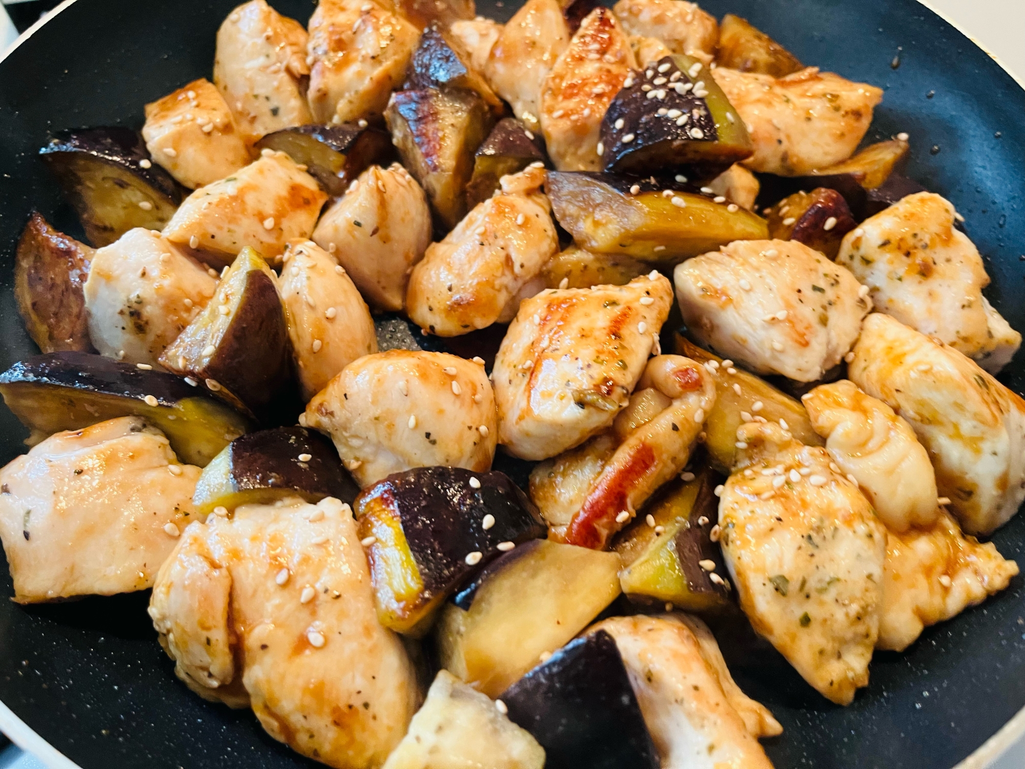 ナスと鶏むね肉の甘辛炒め