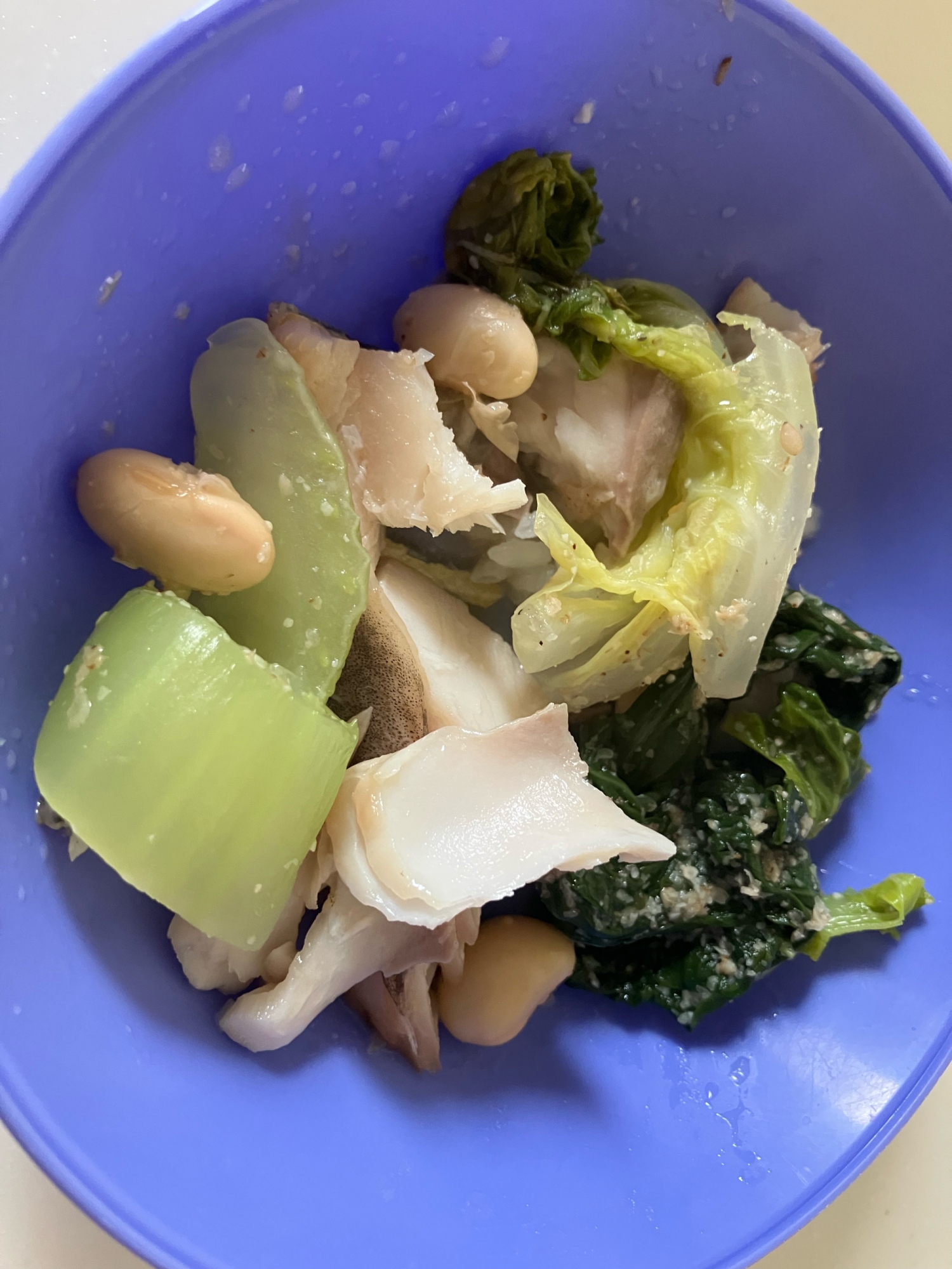 小松菜とホッケと豆炒め