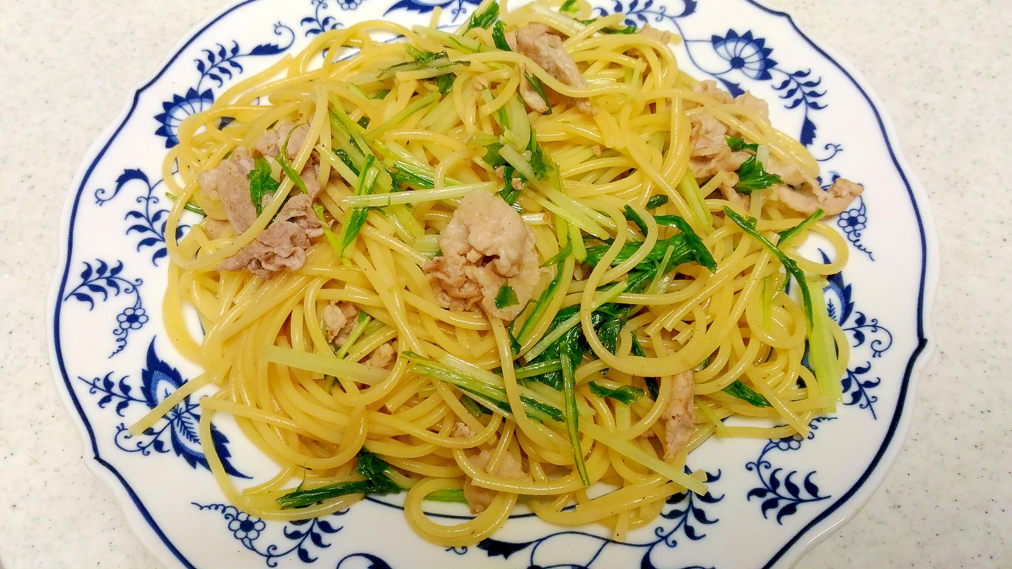 豚肉と水菜の和風パスタ