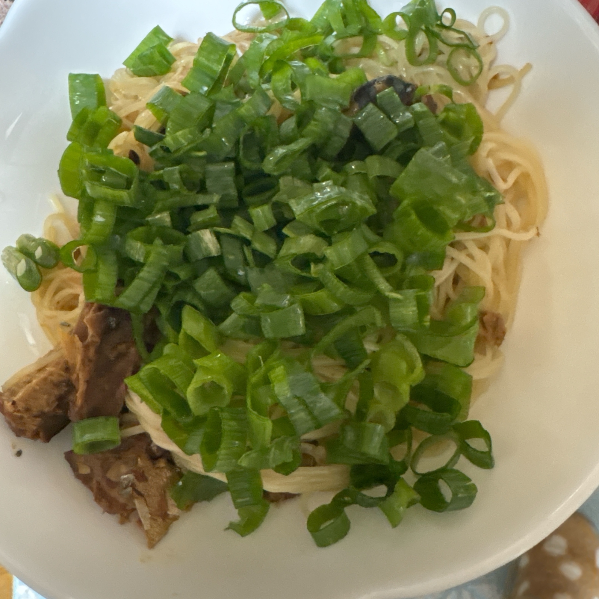 ネギたっぷり、サバの味噌煮入そうめんいため
