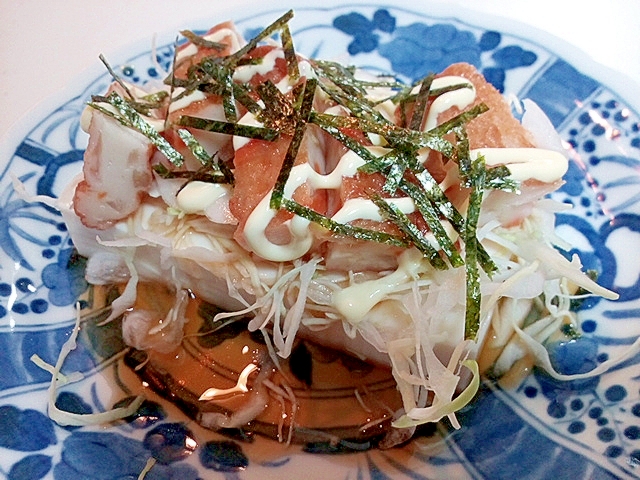 千切りキャベツと野菜天と刻み海苔の冷奴