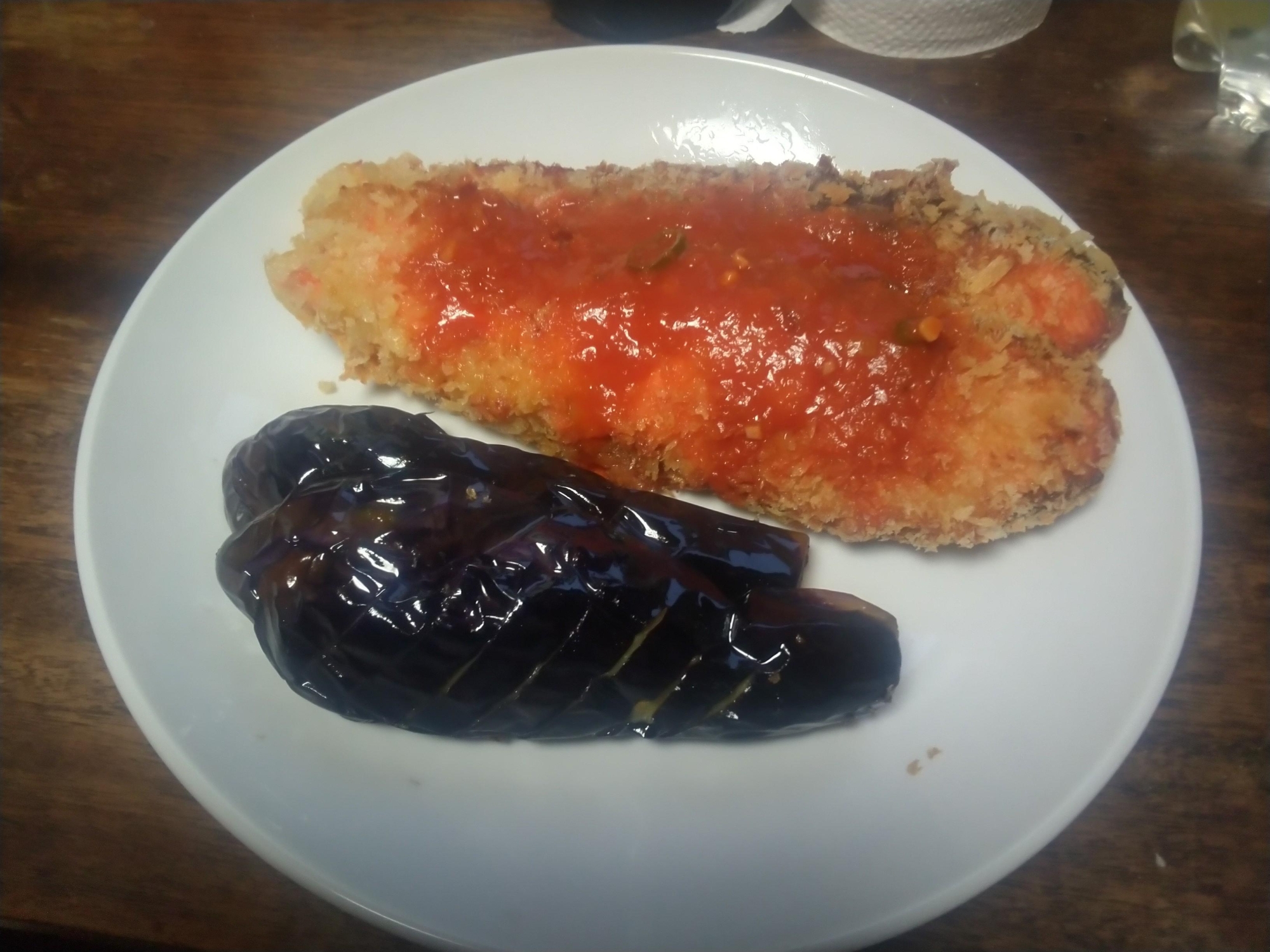 生銀鮭のフライとなすの素揚げ