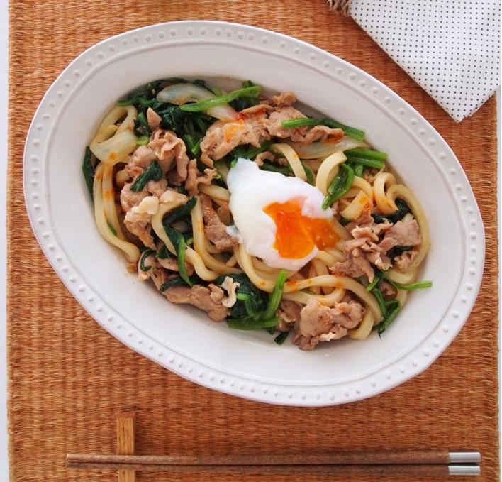 豚肉とほうれん草のラー油うどん