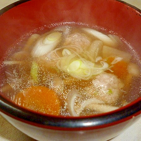 寒い日に熱々☆ネギ入り肉団子の餡かけ汁♪