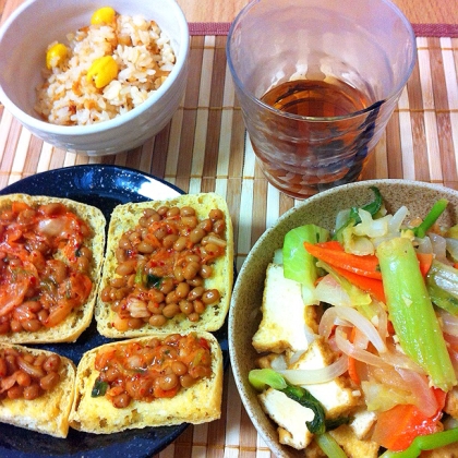 本日はYAMAT☆さんメニューで夕飯♡
左下。カリカリとキムチの味が美味しい(^○^) ご馳走さまです(o^^o)