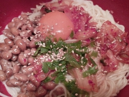 そうめんの納豆キムチ油そば
