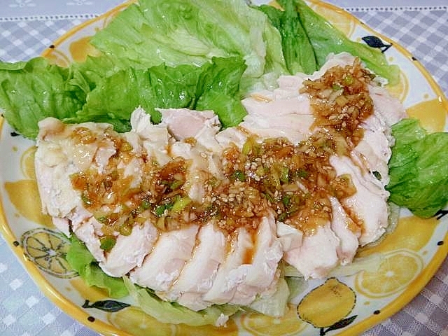 レンチン蒸し鶏のネギ醬油だれ