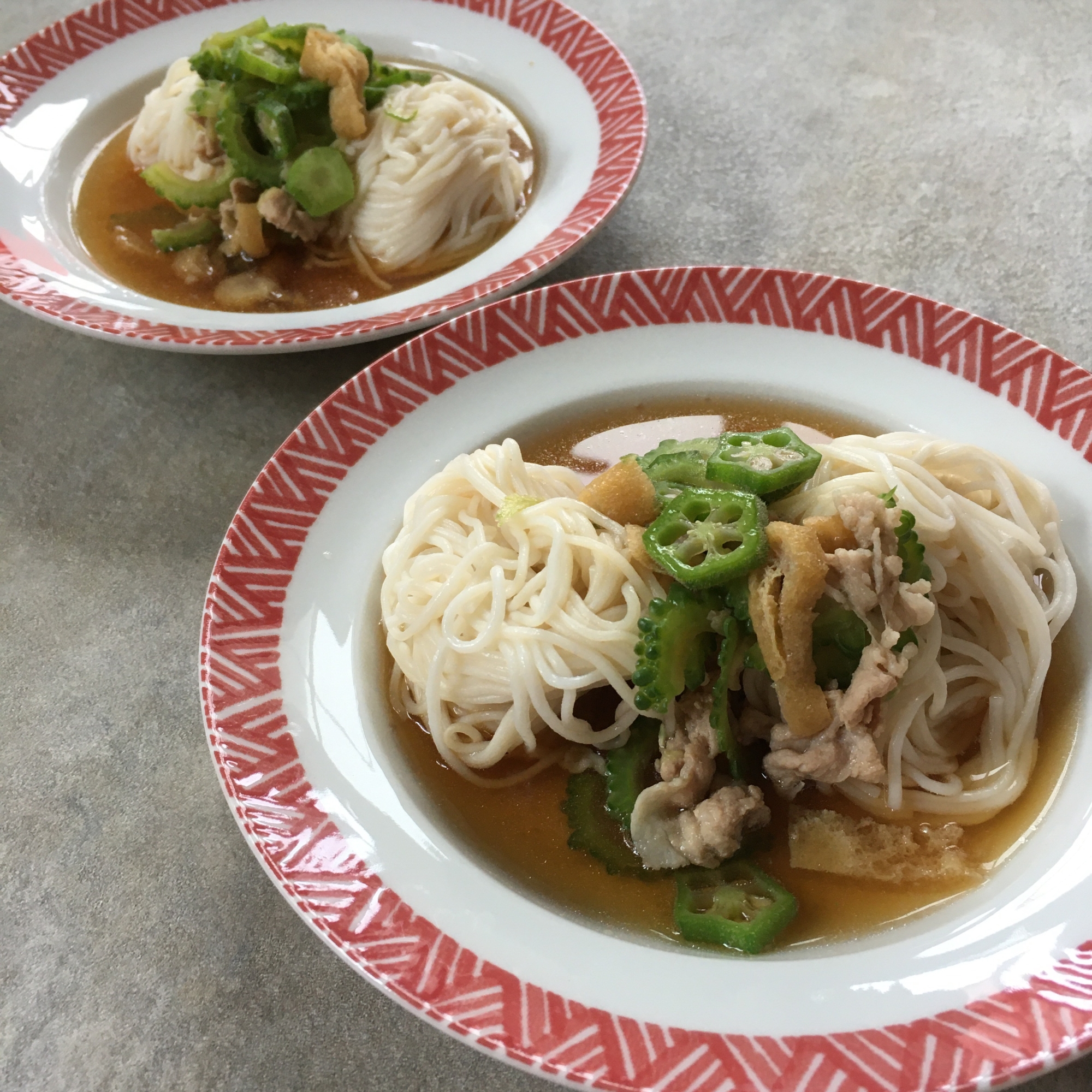 まるさんやさしいふりだしdeゴーヤオクラそうめん♪