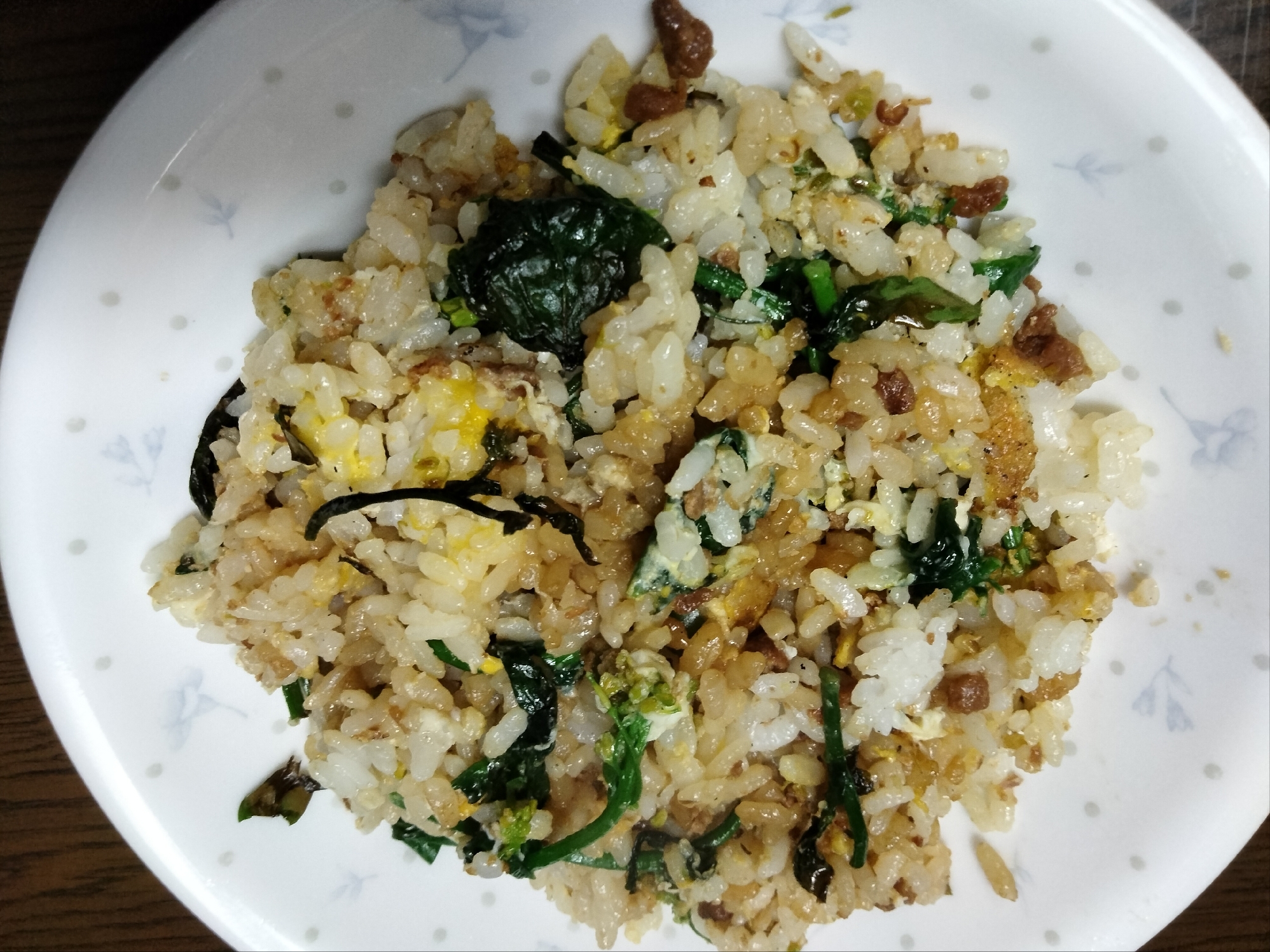 菜の花と鶏そばろで マヨ醤油卵チャーハン