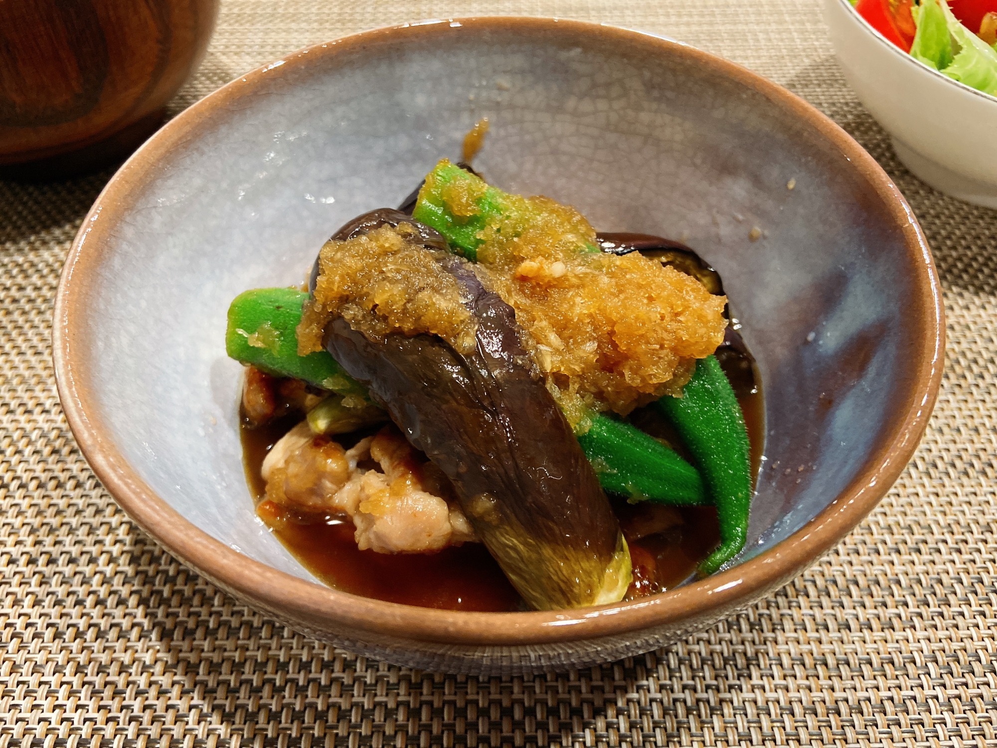揚げない！ナスとオクラと鶏肉の揚げ浸し♡
