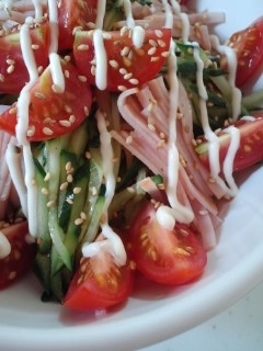 サラダじゃないよ～下に、麺あるのよ(^O^)
ミニトマト沢山できて毎食食べないとなくならない～
中ドレにマヨかけたら、また豚ね↓
ごち～(⌒～⌒)