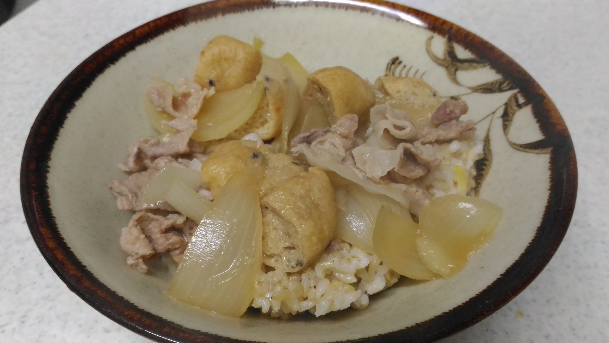 豚肉とがんもどき、玉葱の丼