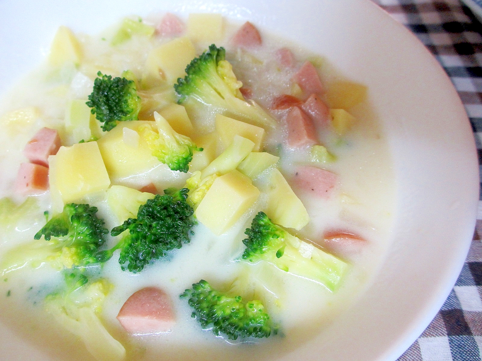 ジャガイモ、ウィンナー、ブロッコリーの豆乳スープ