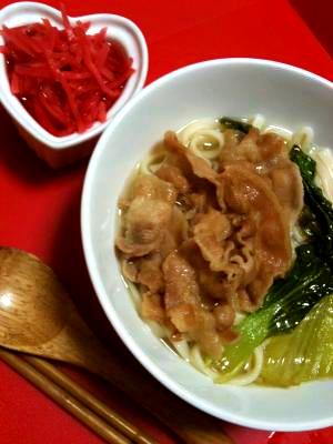 手作りスープde簡単☆沖縄そば風♪乾麺うどん使用☆