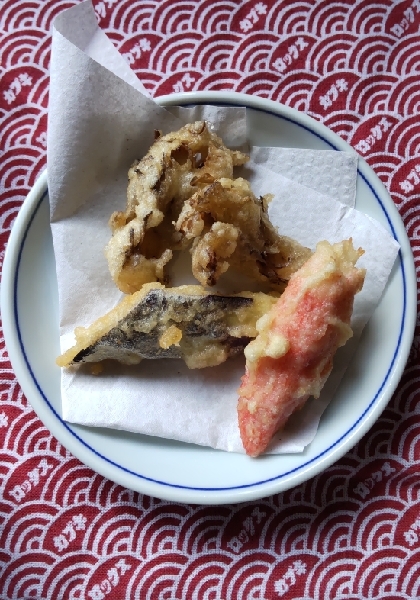 天ぷら粉無くてもカリッと揚がりました。とってもおいしかったです^^ごちそうさまでした。