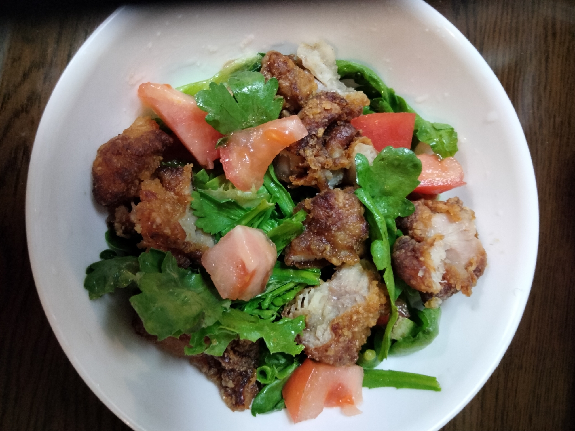 鶏の唐揚げ♡春菊レタストマトサラダ
