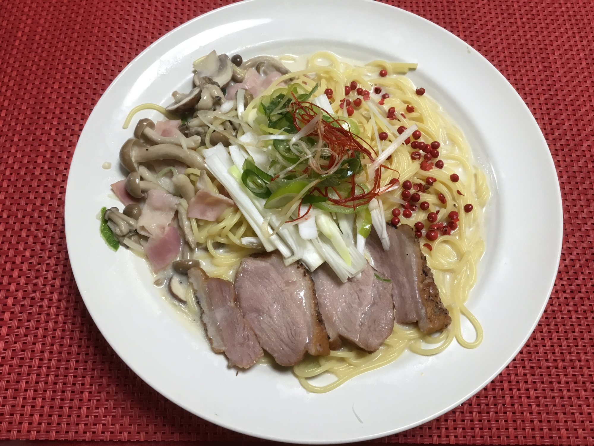 鴨と長ネギの豆乳パスタ