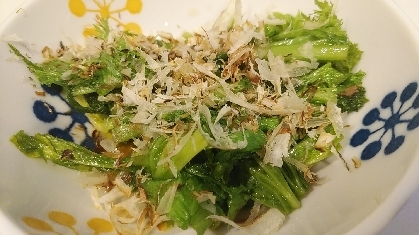 わさび菜と花かつおのゴマ油炒め