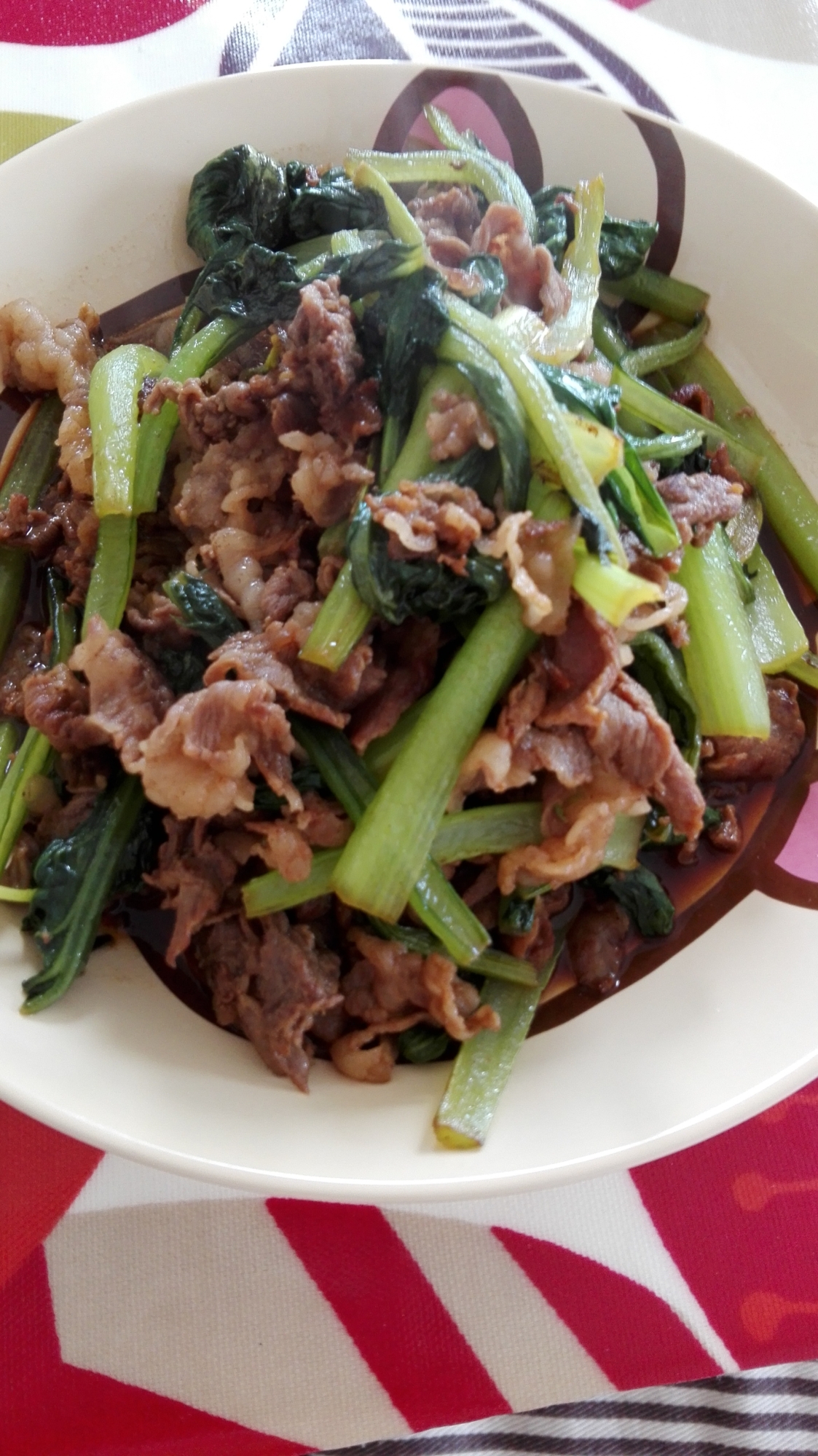 小松菜と牛肉のにんにくしょうゆ炒め