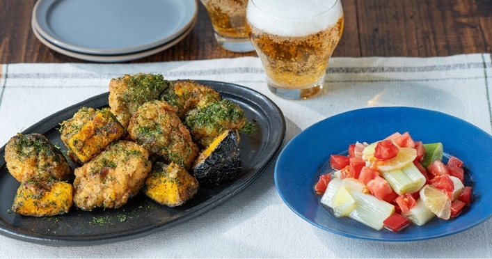 1日目：鶏もも肉とかぼちゃの唐揚げ＆長ねぎとトマトのマリネ