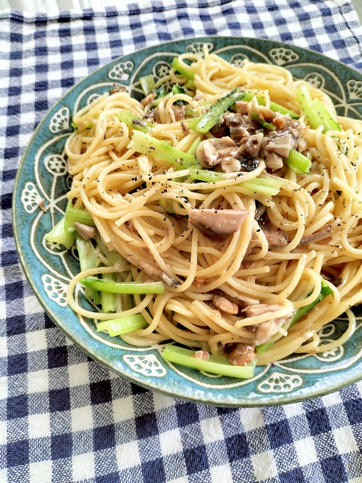 小松菜とさば缶のボンゴレパスタ♪