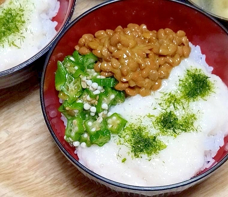 押し麦多めでとろろ納豆オクラご飯