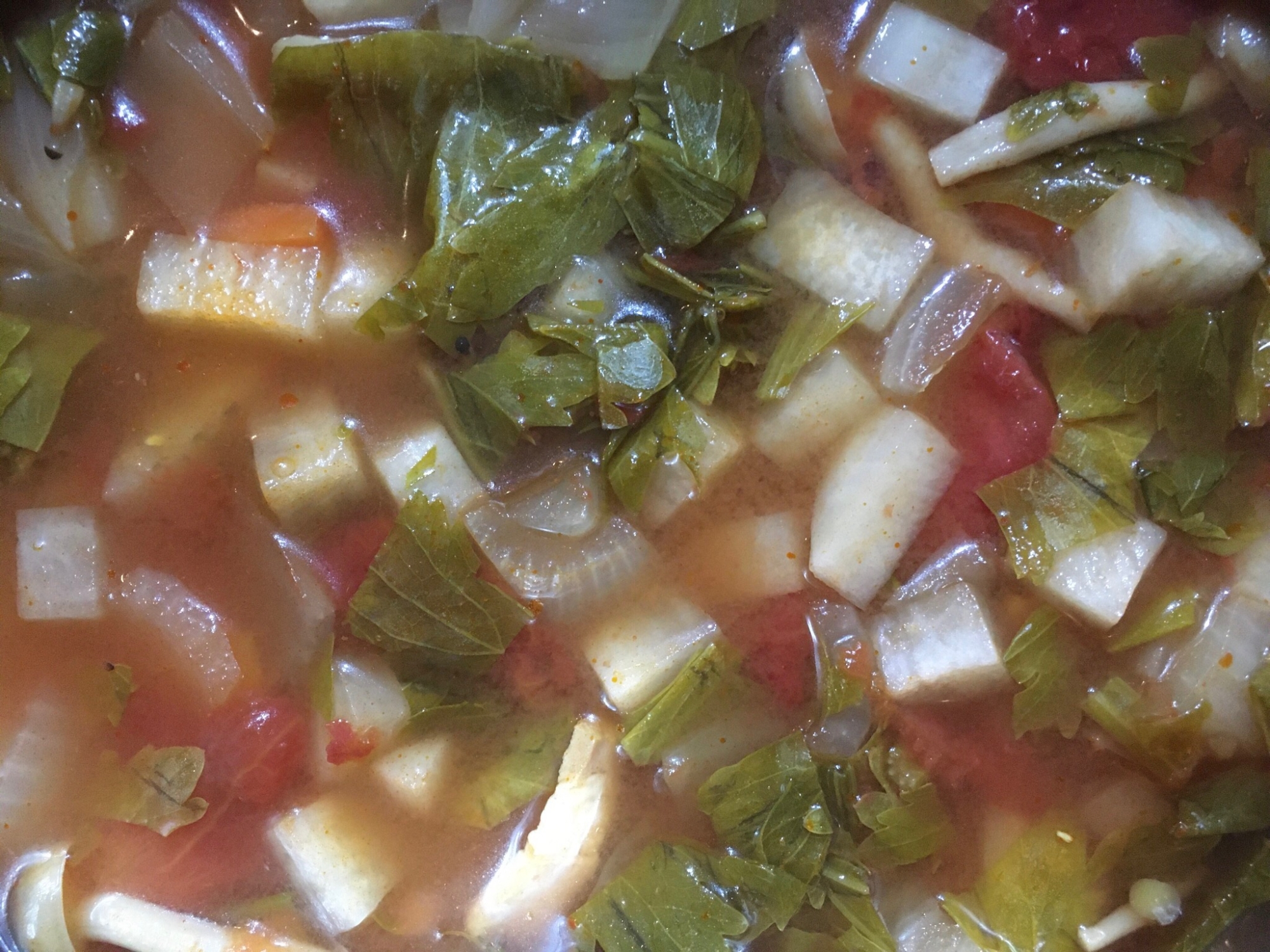 大根とセロリと鶏肉とたまねぎとしめじのトマトスープ