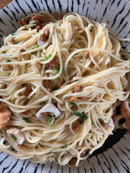 ちくわと豆腐、ひきわり納豆のパスタ