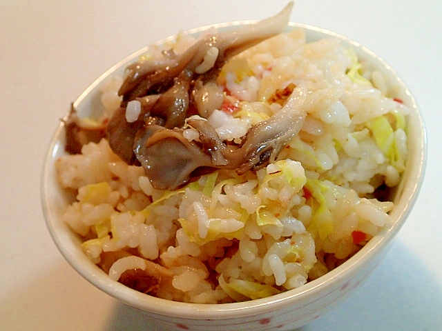 キャベツ・舞茸・明太子・紅生姜の混ぜご飯