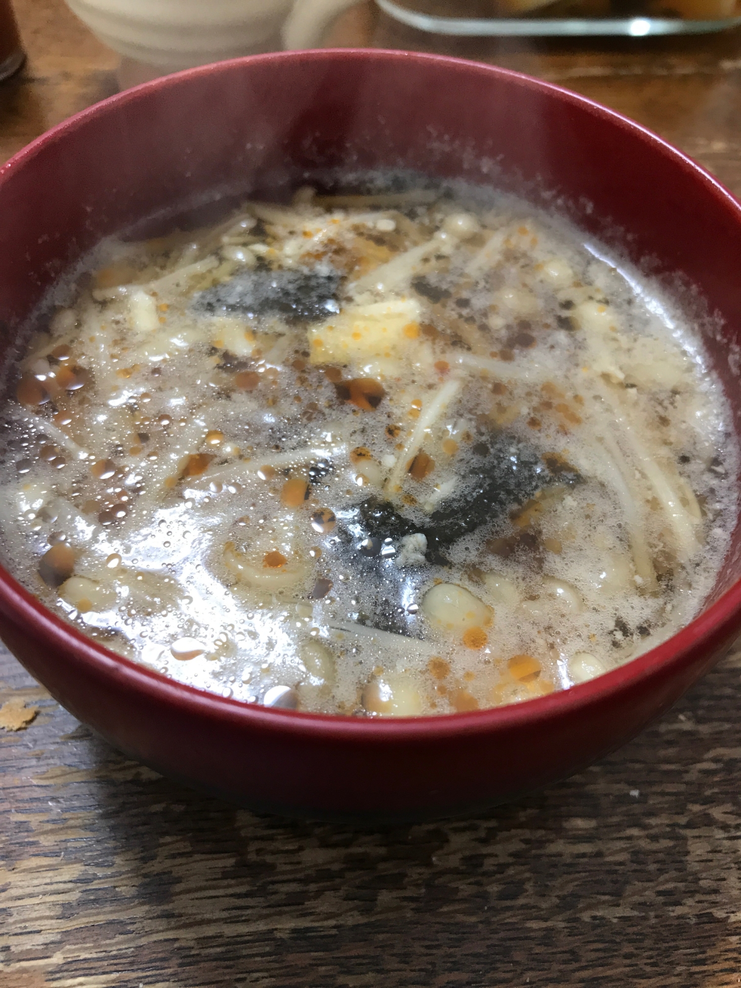 エノキ、豆腐、海苔スープ