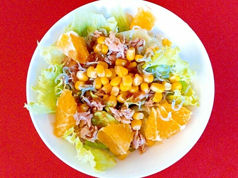 オレンジとツナとしらすの玉葱ドレッシングサラダ