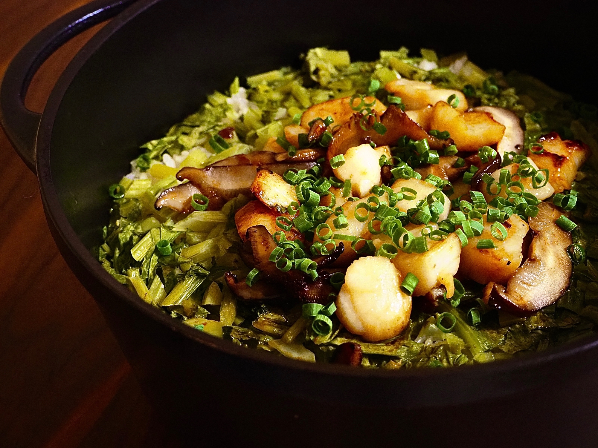 菜の花の炊き込みご飯 ホタテと椎茸のソテー