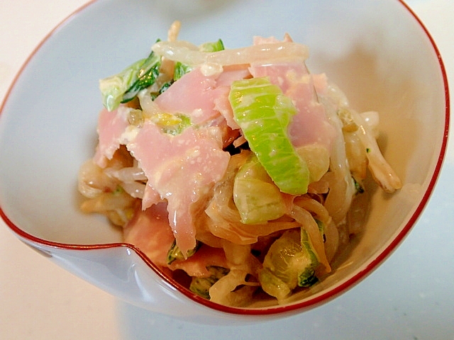 麺つゆ生姜マヨで　ハムともやしと青梗菜の和え物♬