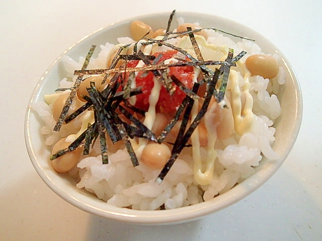 麺つゆ/マヨで　蒸し大豆と明太子と刻み海苔のご飯